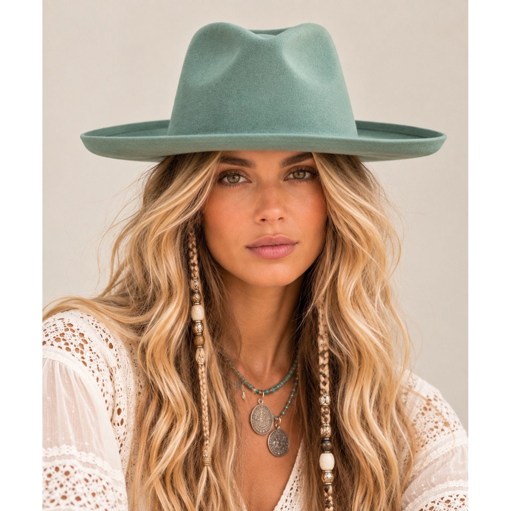 NWT 100% Wool Sage/Seafoam Green Adjustable pencil-roll/upturned Brim Hat Fedora